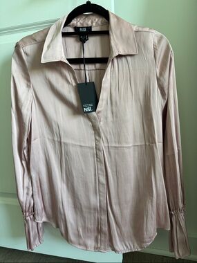 PAIGE Blush Pink Long-Sleeve Button-Front Satin Shirt